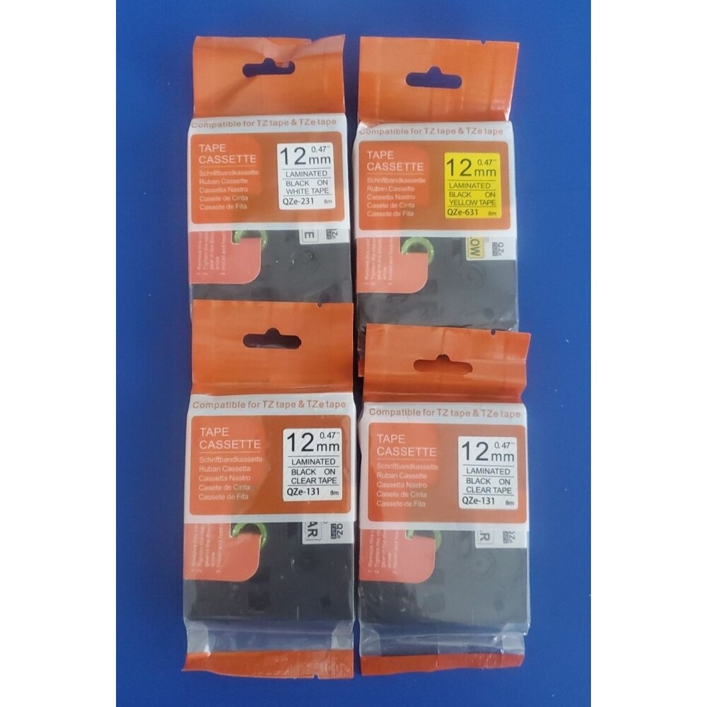 4 P-Touch Compatible TZe Tape 12mm 0.47" | 1 Yellow, 1 White, 2 Clear Label Mix